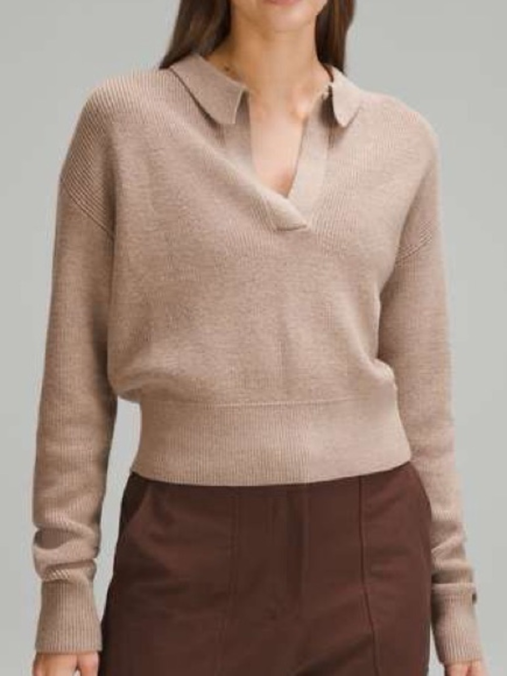 Lululemon Collared Merino Wool-Blend Sweater Medium Heathered Beech Wood